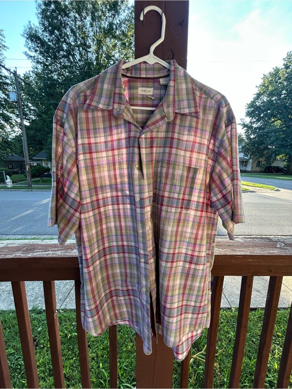 Van Heusen Plaid Short-Sleeve Button-Up Shirt - Pink, Green, Cream